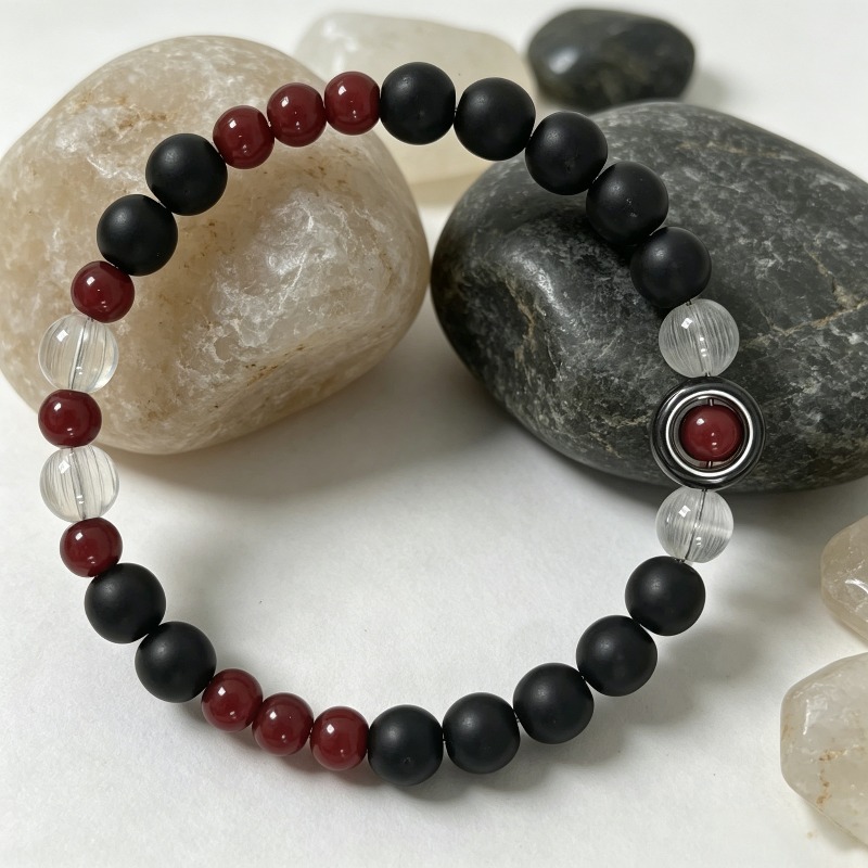Matte Black Bead and Red Brushed White Bracelet, Unisex Design